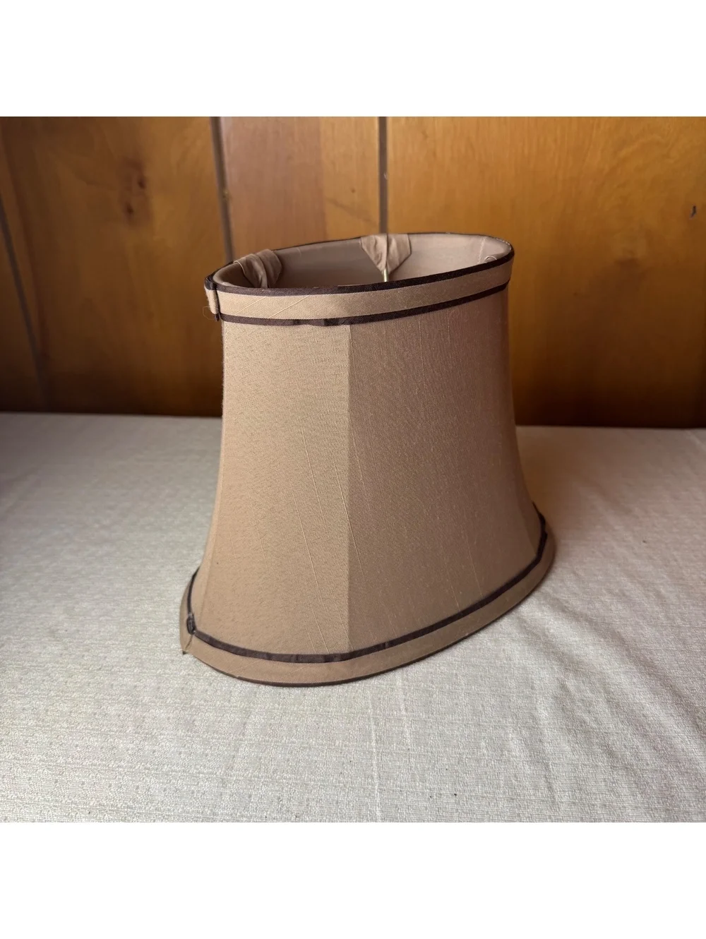 Vintage Bell Shaped Beige Fabric Lampshade Brown Trim 7 Inch Tall